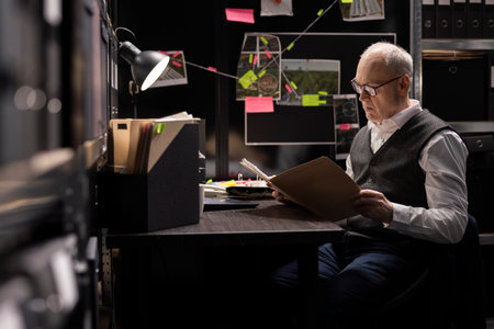 Senior private detective examining intelligence during criminal investigation, conducting interpretation of clues and linking evidence across case files in a classified mission. Incident room.の写真素材