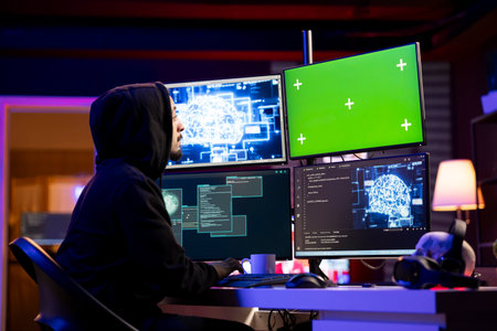 Hacker coding on green screen PC using machine learning to evade security with stealth malware. Evil...
