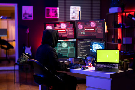 Cybercriminal doing phishing attacks using green screen laptop, tricking users into revealing credit...