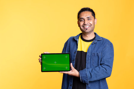 Indian smiling guy doing an advertisement for a web promotion with mockup, holding isolated chroma key display against orange background. Young casual person recommending device.の写真素材