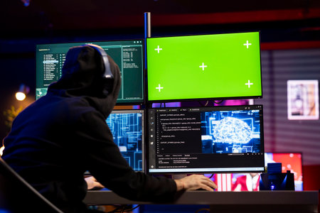 Hacker listening music using mockup PC to launch phishing attacks tricking users into revealing...