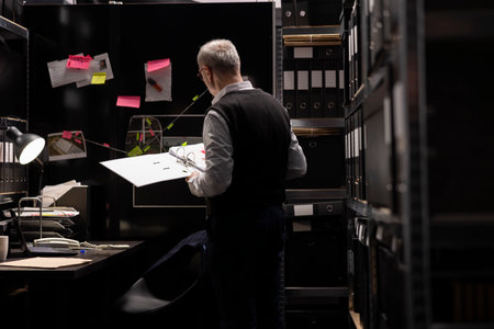 Senior police commissioner studying records and archived files during criminal investigation, connecting evidence and important information on a mystery board to expose organized crime activity.の写真素材