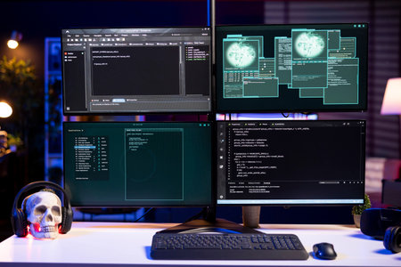 Code scripts running on computer system monitors attacking firewalls. Programming language malware...