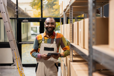 Portrait of black smiling employee working in small scale depot to check pallets and prepare packages for distribution. Organizing cargo and processing online shopping orders.の写真素材