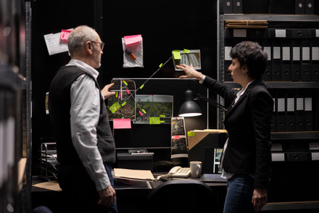 Law enforcement agents analyzing case files and confidential records, tracing clues and connecting...