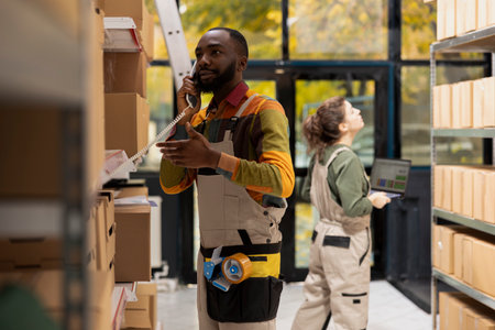 African american warehouse clerk manages phone conversations about custom orders, ensuring dispatch accuracy, shipment processing and logistics for e-business small delivery exports.の写真素材