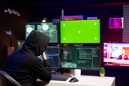 Cybercriminal coding on green screen PC, creating stealth malware that evades security. Hacker using...