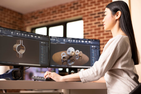 Focused female remote worker designing metal components using CAD software on desktop monitors....