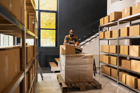 Small business staff member organizing storage units with parcels, supporting drop shipping and...