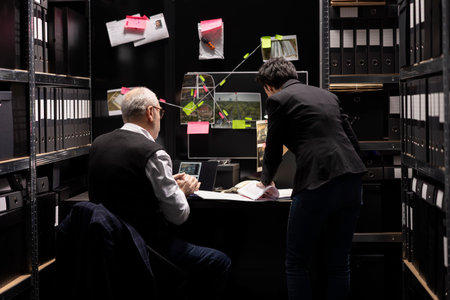 Team of criminologists interpreting fingerprints and classified evidence, organizing case files and witness statements while pursuing the authenticity of documents in a crime investigation.の写真素材