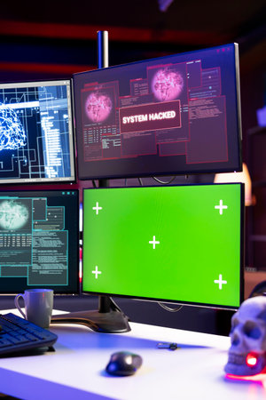 Hacking code scripts running on green screen mockup computer attacking firewalls. Programming...