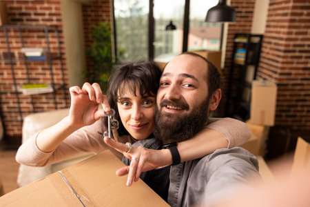 Caucasian girlfriend dangling house keys as boyfriend takes selfie and holds cardboard box in brick wall room. Happy couple celebrating new homeownersship, symbolizing fresh start and moving day joy.の写真素材