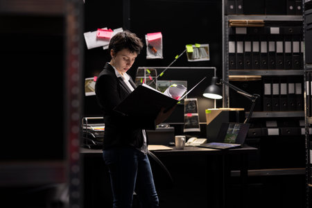 Law enforcement agent making connections between clues and confidential files, tracing clues with records on mystery board during ongoing criminal investigation. Incident room expertise.の写真素材