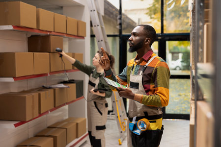 Staff member in coveralls managing cardboard boxes on shelving units, preparing pallets for online...