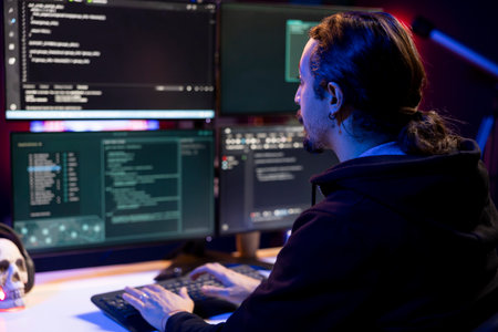 Hacker in neon lit criminal den coding malware designed to exploit network backdoors. Rogue engineer...