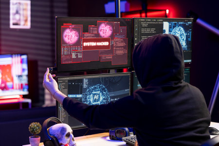 Hacker inserting flash drive in PC to bypass security using exploit, doing covert operations. Rogue...