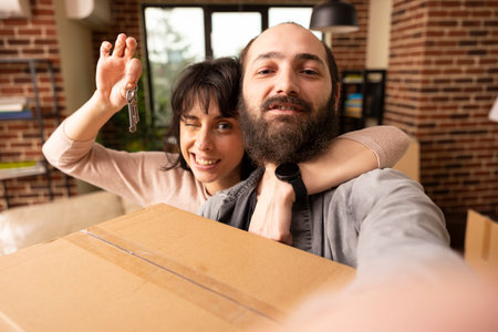 Caucasian couple holding house keys and packed carton box, preparing to move into newly purchased property. Bearded white man taking selfie with wife, capturing exciting moment in new apartment.の写真素材