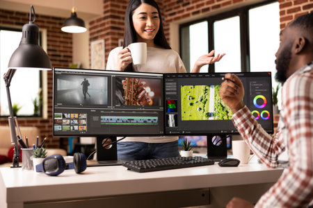 Diverse creative couple discussing footage and enjoying teamwork in cozy home studio. Asian woman...