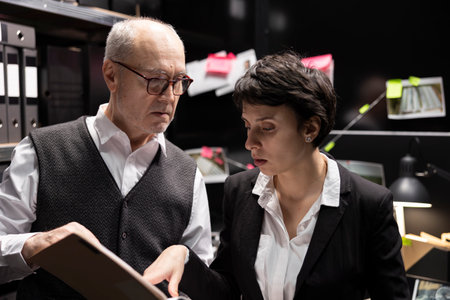 Law enforcement agents connecting clues on a mystery board, analyzing case files and confidential information during a clandestine operation to expose organized crime. Incident room.の写真素材