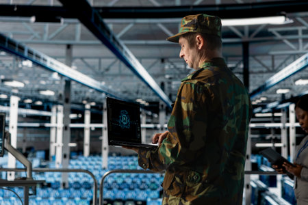 Military data command center officer coordinating tactical decisions using AI driven surveillance intelligence. Army expert managing threat detection software enhanced by machine learning algorithmsの写真素材