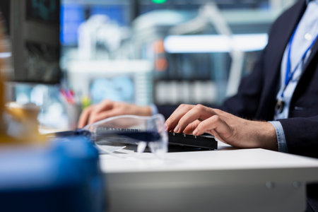 Professional energy analyst in a suit examines solar panel diagnostics, highlighting the integration of industrial expertise and business intelligence in photovoltaics renewable power.の写真素材