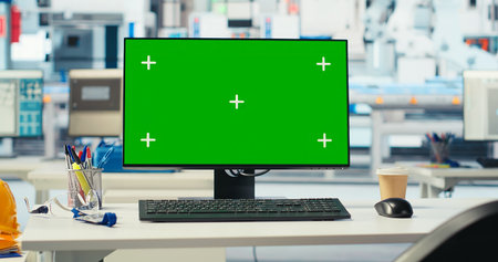 Isolated screen PC in photovoltaics factory used to monitor performance of robot arms manufacturing solar panels. Chroma key mockup computer in empty facility used to inspect solar plant machineryの写真素材