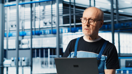 Industry 4.0 industrial plant senior engineer automating robotic machines using laptop software. Experienced technician implementing AI features in smart factory using notebook, camera Aの写真素材