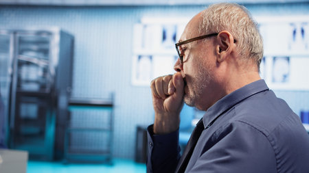 Old man in wheelchair coughing and dealing with a respiratory problem, flu symptoms at checkup with medical expert. Patient with disability suffering from asthma or throat infection.の写真素材