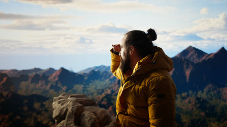 Victorious hiker relaxing at the mountain summit after climbing the top, proud of personal accomplishment. Young man sitting on the rocks and enjoying the peaceful surroundings. Camera A.の写真素材