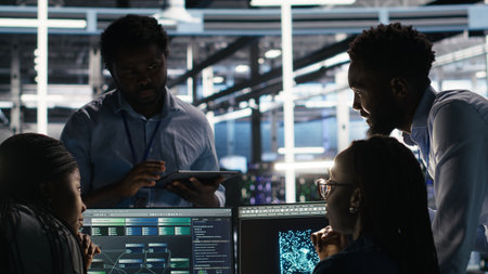 Data center coworkers doing brainstorming, using node tree software to analyze datasets. Server room teamworking colleagues using visual programming tools to improve gear performance, camera Bの写真素材