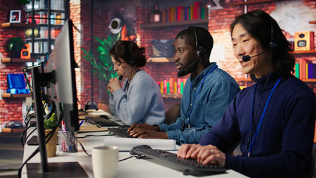 Technical support specialist in call center office using AI LLM chatbot to troubleshoot customer connectivity issue through step by step guidance, using artificial intelligence, camera Bの写真素材