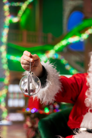 Close up of entertainer wearing red xmas suit holding Christmas prop, doing festive decorations for holiday season ambiance. Santa Claus using globes to decorate room during December festivitiesの写真素材