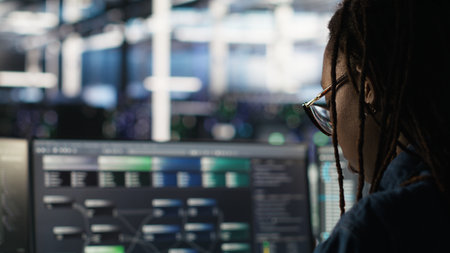 Data center system administrator using machine learning algorithms to analyze large datasets. Server farm worker using AI neural networks on computer to recognize data patterns, camera Bの写真素材