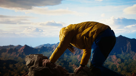 Trekker loses his footing in extreme conditions, struggling to keep his balance as he tumbles. Remote wilderness offers beauty but also grave risks. Camera A.の写真素材