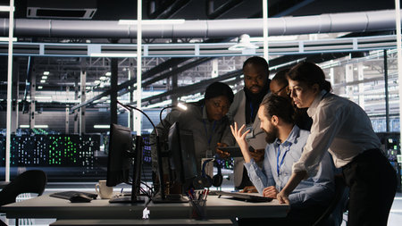 Data center system administrators performing maintenance on supercomputers used for AI processing. Team managing server hub rigs used for deep learning training, looking over business charts, camera Aの写真素材