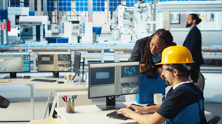 Photovoltaics factory engineer making facility adjustment in CAD program, showing woman. Solar...