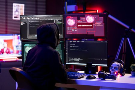 Cybercriminal receiving system hacked message after attacking victims PCs using computer virus. Lone...