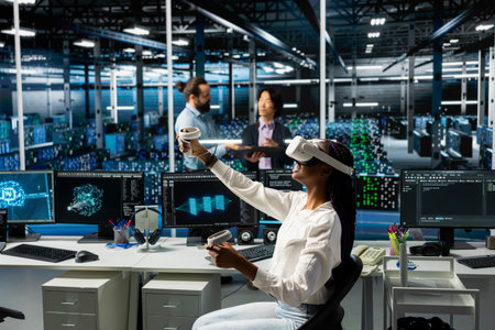 Admin in data center using AI virtual reality to troubleshoot rigs connectivity issues. IT...