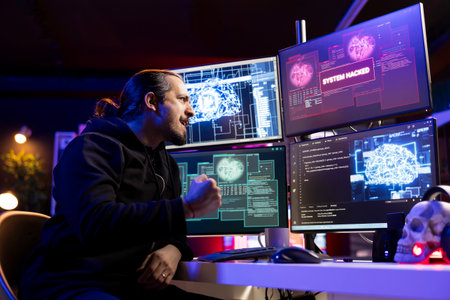 Joyous hacker celebrating after bypassing security using artificial intelligence. Evil man overjoyed...