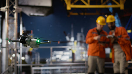 Engineers technicians using drone for remote operations and aerial mapping on offshore rig,...