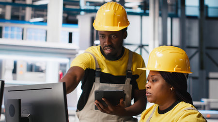 Black employees analyzing production line solar panels in the photovoltaics factory, analyzing data....