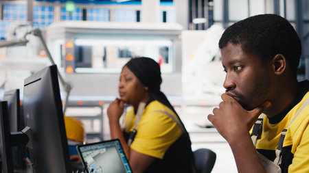 Male specialist adjusts machine parameters for solar panel production, working at a high tech manufacturing plant. Engineer analyzing technical data on a computer.の写真素材