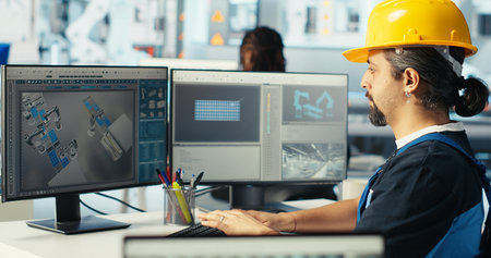 Solar panels manufacturing plant technician uses CAD program to optimize layouts. Photovoltaics...
