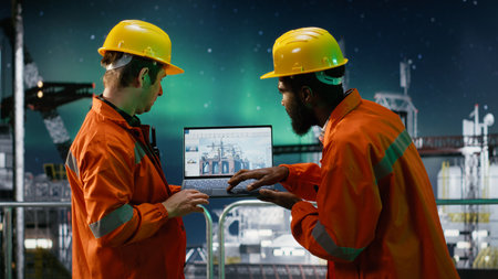 Diverse engineers on drilling platform monitor operational systems under northern lights with...