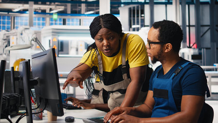 African american team programs robotic arms in solar panel manufacturing facility, working on...