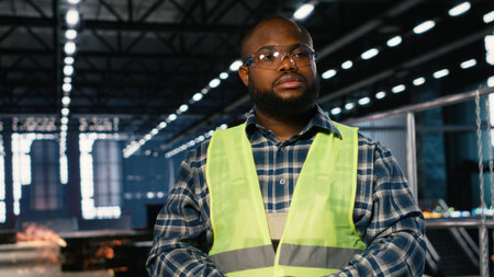 Black worker in a plant overseeing steel manufacturing with automation equipment, engineering skills and production accuracy. Heavy industrial operations requires protective gear.の写真素材