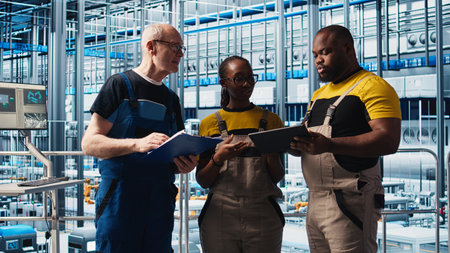 Photovoltaics smart factory senior engineer taking notes of adjustments needed, talking with coworkers. Industry 4.0 solar panels plant team leader modifying production plans, camera Aの写真素材