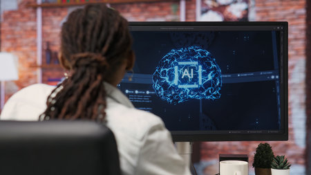 Programmer using computer at home for artificial intelligence computing simulating human brain...