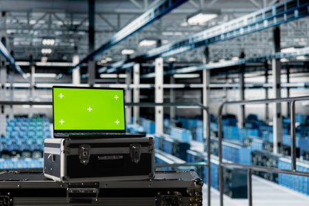 Green screen mockup laptop in data center with multiple rows of fully operational server racks....