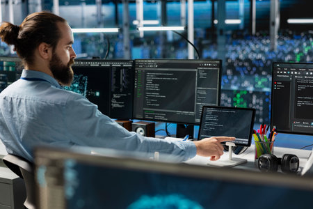 Data center system administrator using tablet, coding, managing systems for uptime and efficiency....